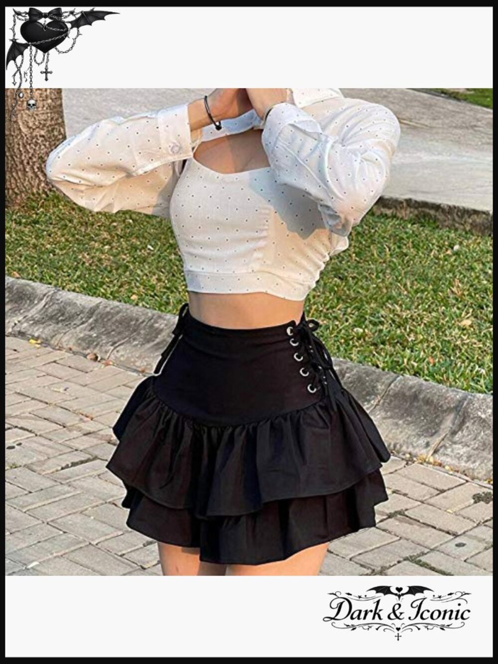 Black Lace Up Mini Skirt High Waist Goth Pleated Ruffle Y2k Punk Skater Skirt - Picture 3 of 6